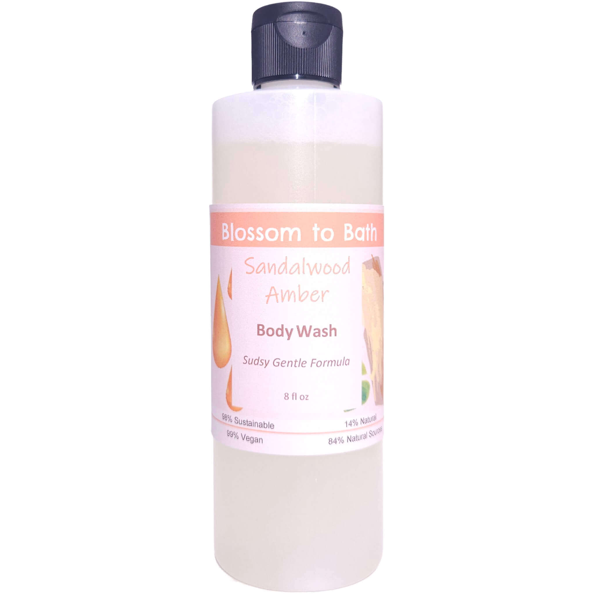 Buy Blossom to Bath Sandalwood Amber Body Wash from Flowersong Soap Studio.   Gentle Body Wash for Refreshed and Silky Skin with a Super Sudsy Sandalwood Scent.  An irresistible combination of warm sandalwood and spice.