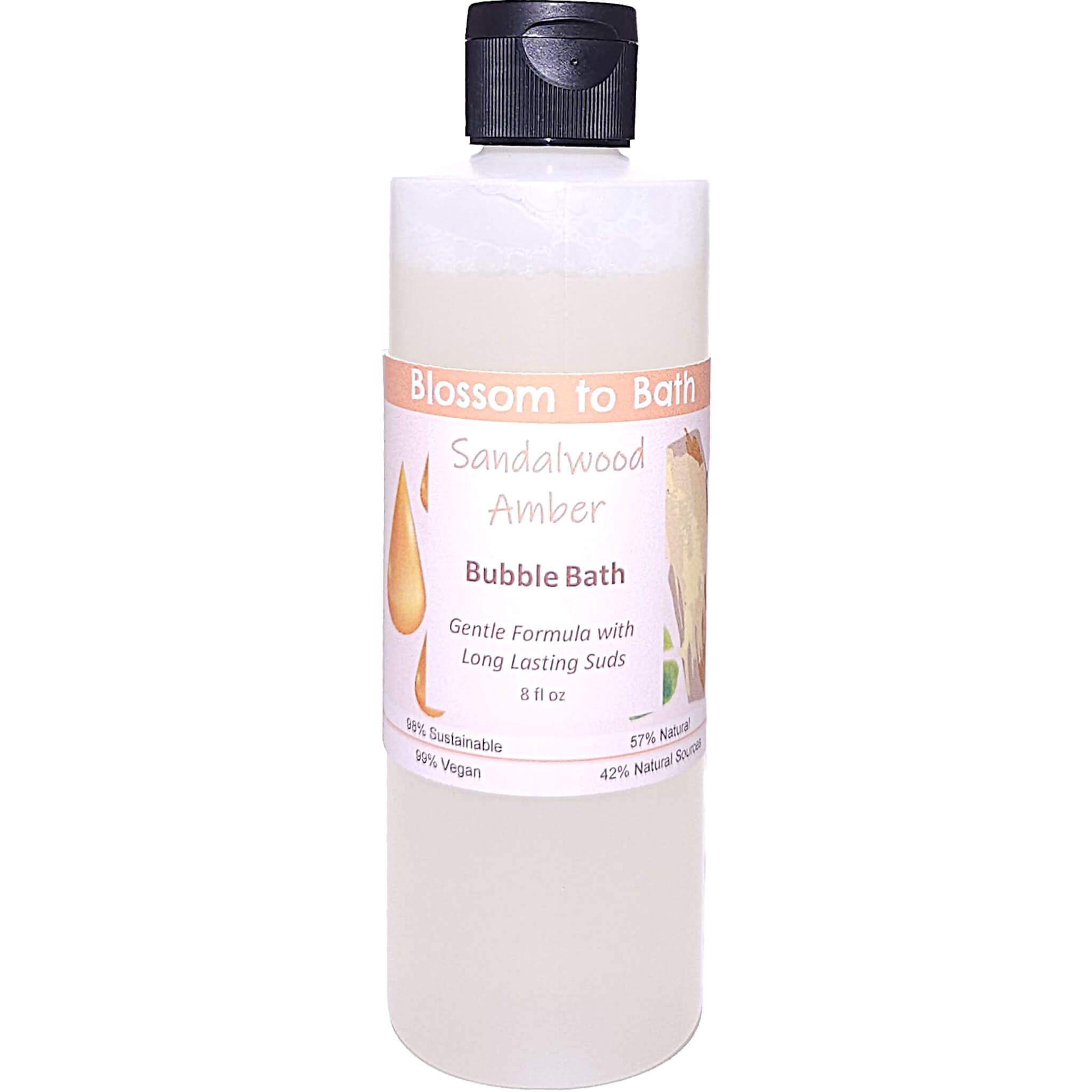 Buy Blossom to Bath Sandalwood Amber Bubble Bath from Flowersong Soap Studio.   Lively, Long Lasting Bubbles in a Gentle Sandalwood Scented Formula for Maximum Relaxation Time.  An irresistible combination of warm sandalwood and spice.