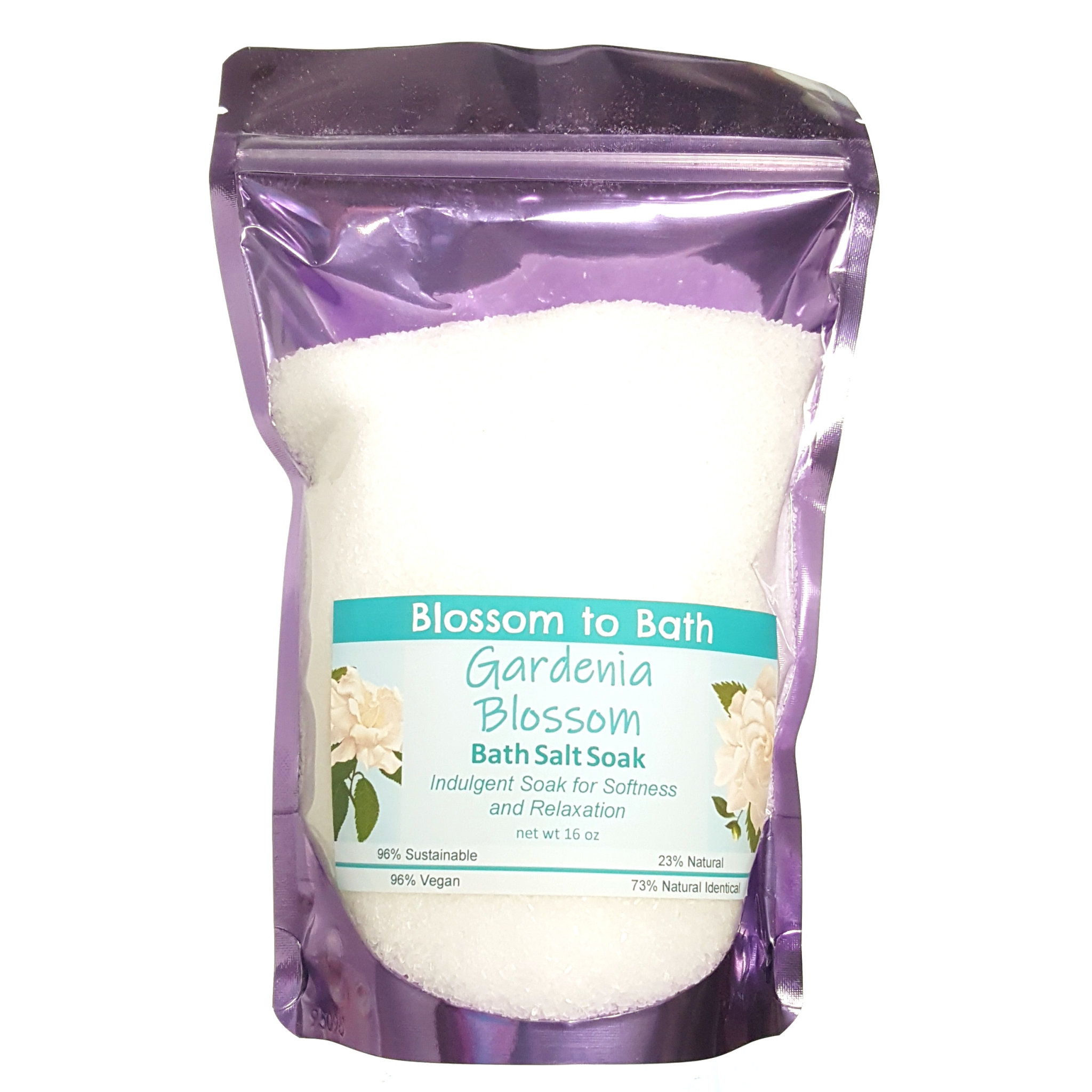 Buy Blossom to Bath Gardenia Blossom Bath Salt Soak from Flowersong Soap Studio.   Pure Epsom Salts for a Versatile and Luxurious Rich Sweet Floral Scented Soaking Experience.  Sweet Gardenia in a puff of blooming summer flowers