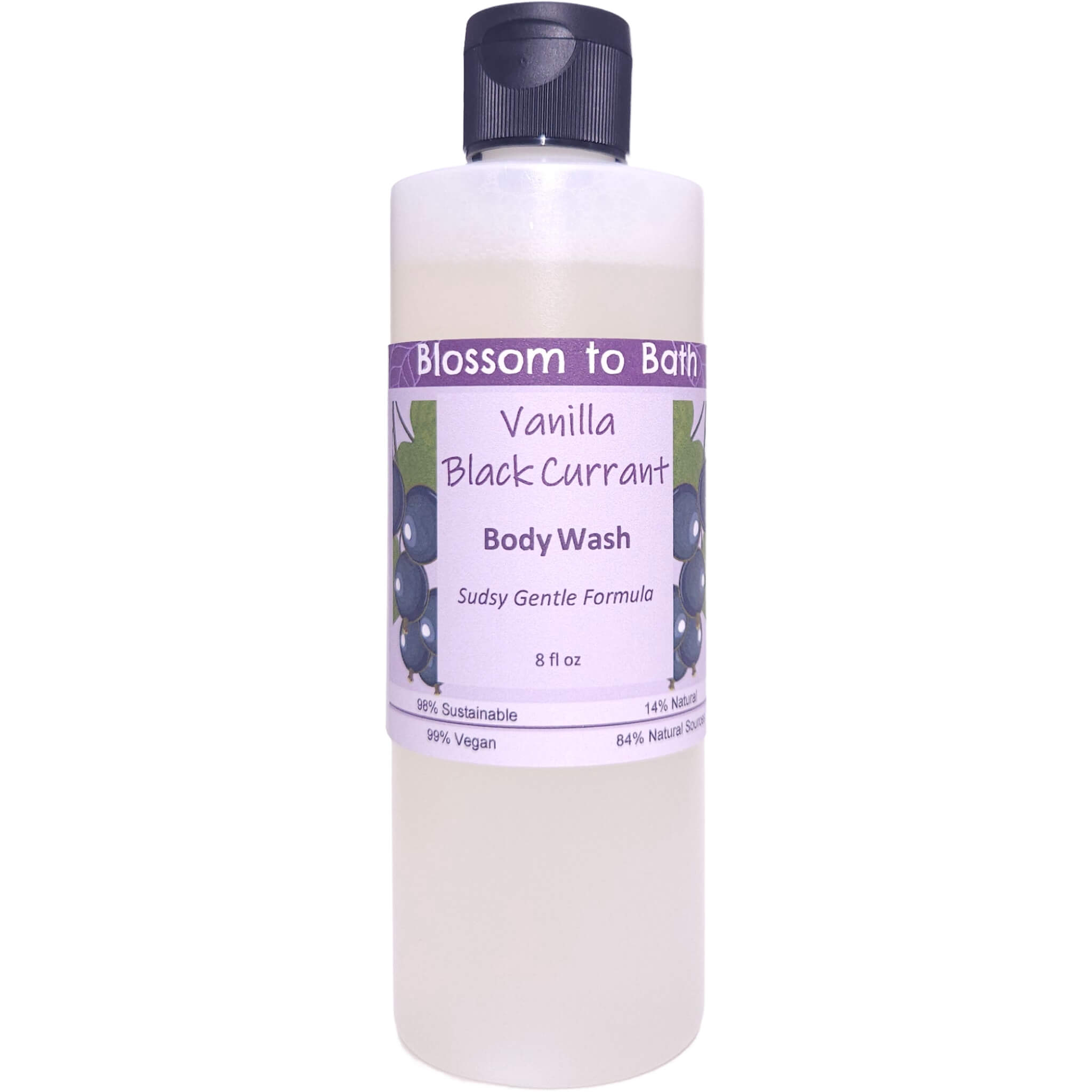 Buy Blossom to Bath Vanilla Black Currant Body Wash from Flowersong Soap Studio.   Gentle Body Wash for Refreshed and Silky Skin with a Super Sudsy Luxurious Deep Fruity Scent.  A sensuous rich berry scent with a hint of vanilla and a twist of freshness.